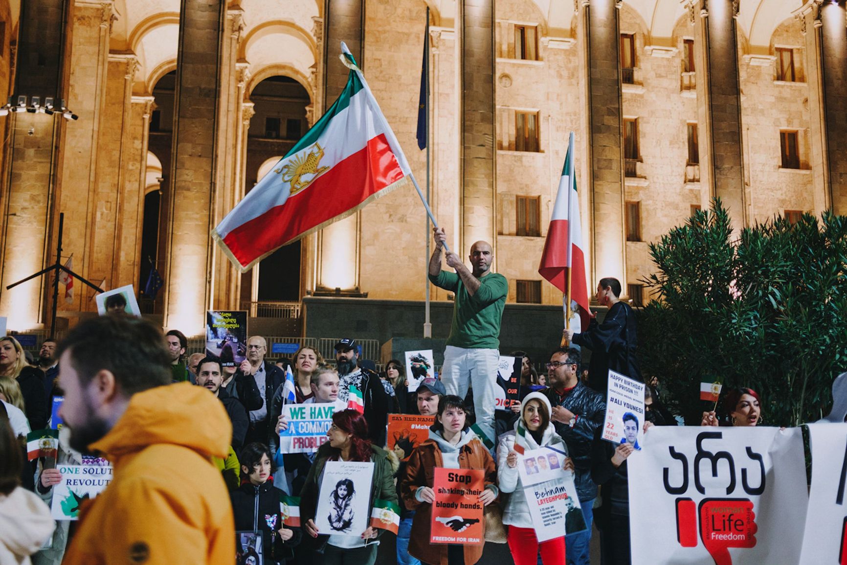Protests outside the parliament building in Tbilisi against dictatorship in Iran and human rights violations.